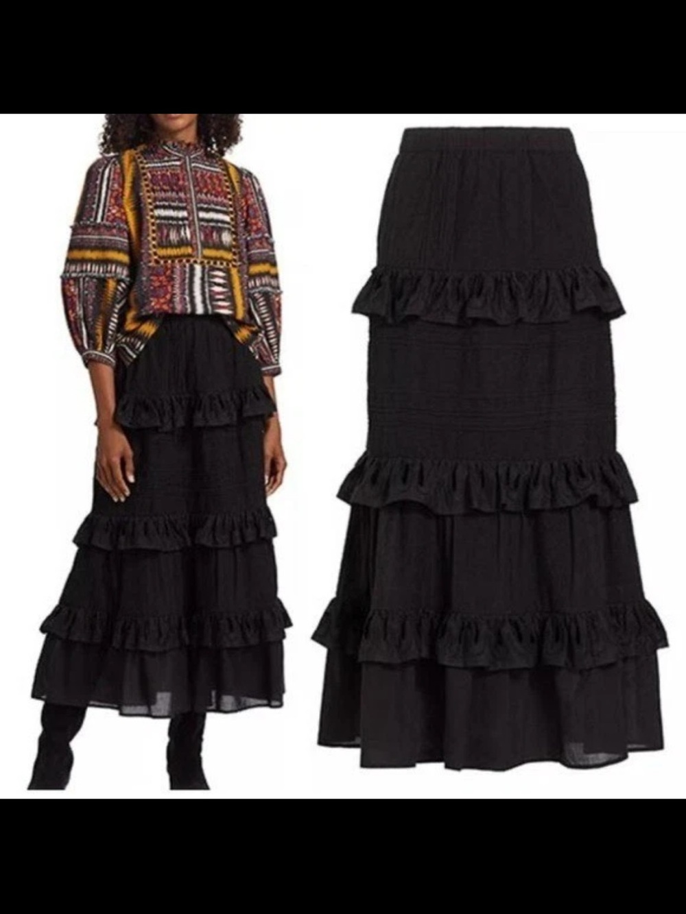 Figue Elastic Waist Ruffle Tiered Eyelet Black Midi Skir. Excellent condition